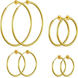 4Pairs Large Gold Clip on Hoop Earrings, Non Pierced Spring Fake Hoop Earring for Women