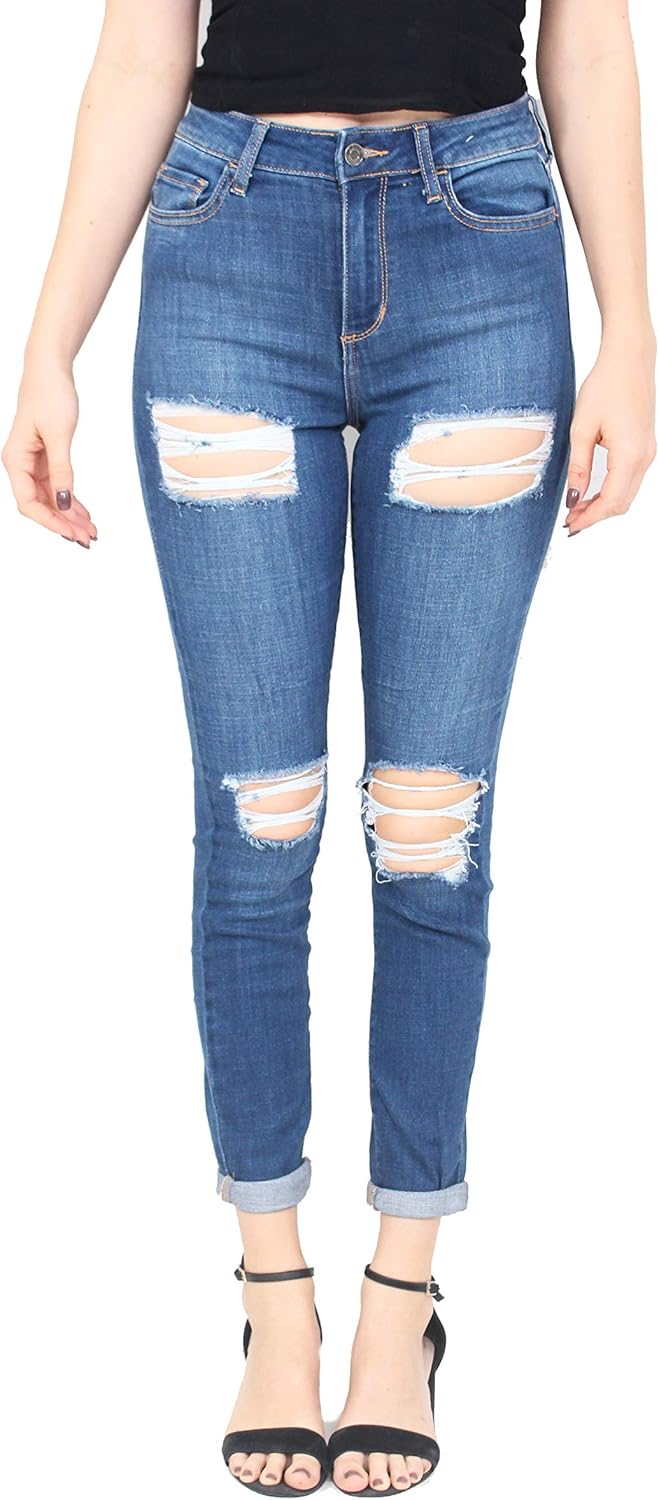 Cello Jeans Women High Rise Straight Cut Distress Crop Skinny Jeans with Rolled Cuff at Amazon