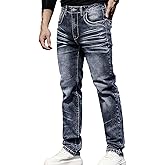 Men's Jeans - Embroidery Washed Crackle Design Jeans Relaxed Fit Stretch Casual Jeans Comfortable Classic Fit Jeans