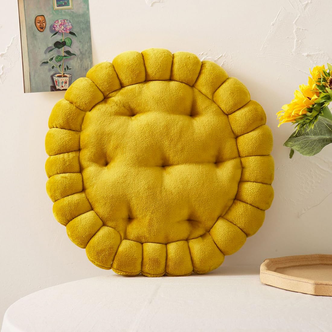 Photo 1 of vctops Round Chair Pad Seat Cushion Solid Velvet Color Seat Pad Indoor Floor Cushion Super Soft Warm Chair Cushion Pad for Home Kitchen Dining Room Office (Yellow,16")