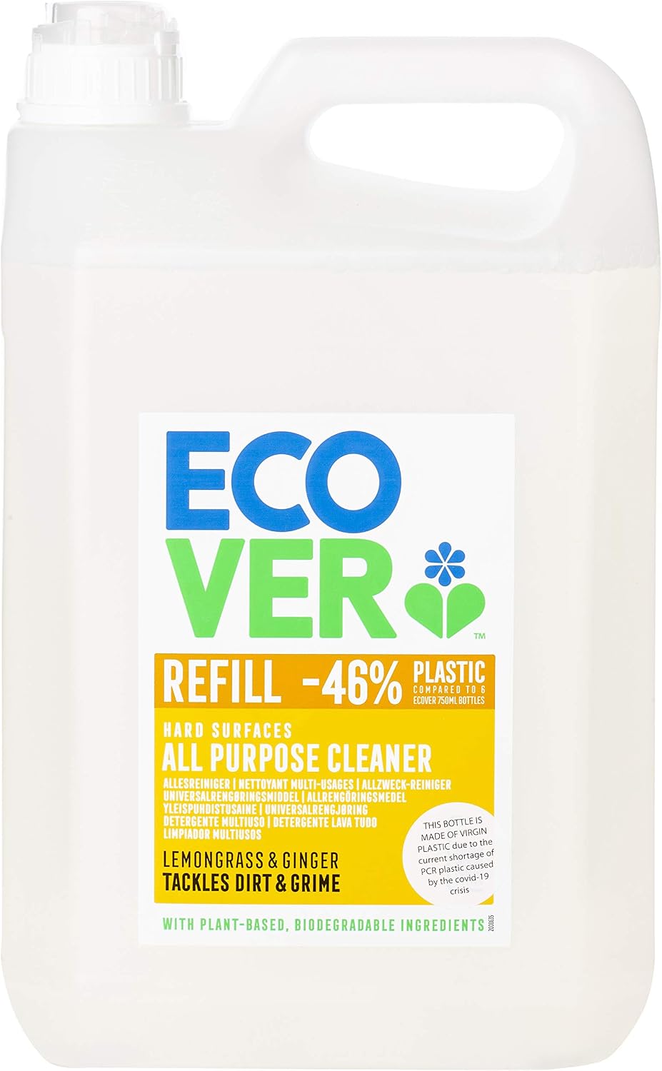 Ecover All Purpose Cleaner Refill, Tackles Dirt & Grime, for Hard Surfaces Lemongrass & Ginger Scent, Pack of 1, 1 x 5L