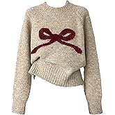 Cute Bow Sweater Women, Chunky Knit Crew Neck Long Sleeve Knit Top, Soft Christmas and Preppy Sweaters
