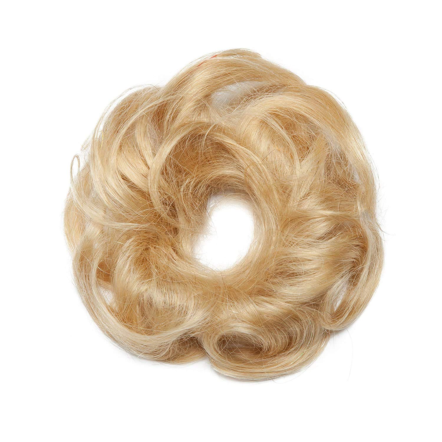 Silk-co Human Hair Scrunchy Scrunchie Bun Updo Hair Ribbon Ponytail Extensions Donut Chignons Hair PeiceMessy Up Do Curly #613 Bleach Blonde