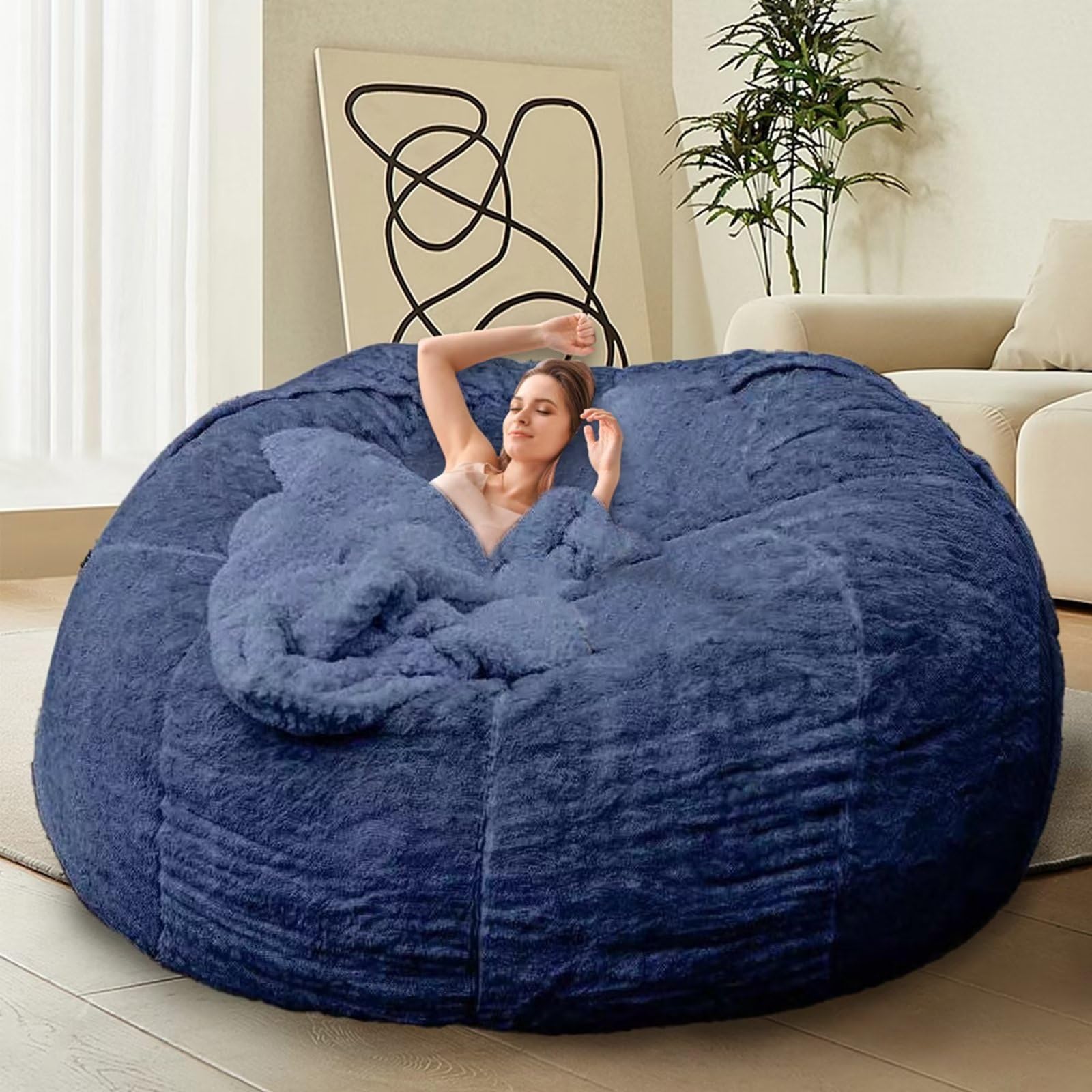Photo 1 of HDMLDP Bean Bag Chair for Adults Kids Without Filling Comfy Oversized Round Beanbag Chair for Stuffed Animal Storage Bedroom Living Room Chairs, 6FT, Blue