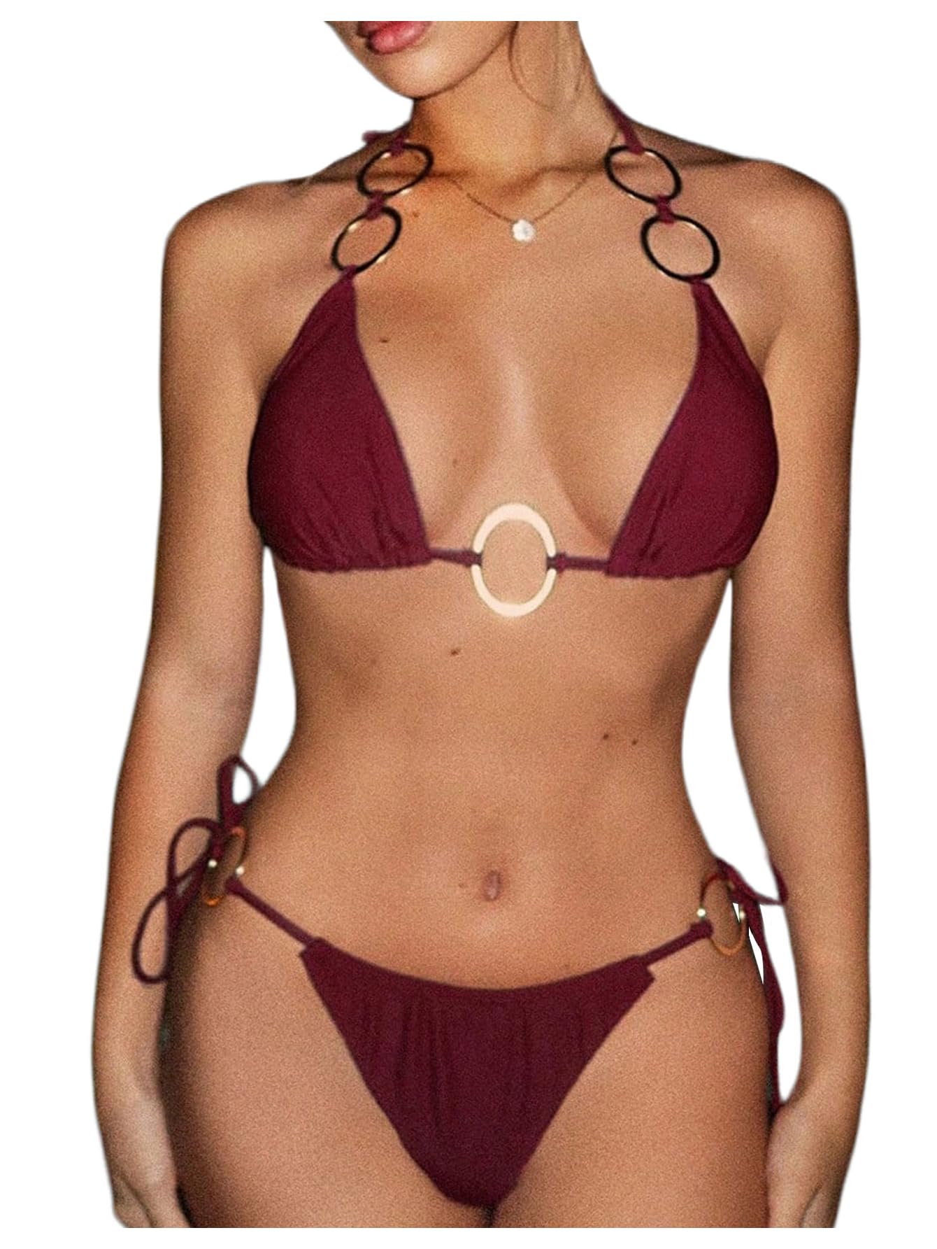 View 1 of (top only) MakeMeChic Women's Ring Lined Bikini Bottom Tie Side Thong Summer Bathing Suit Swimwear Red Large