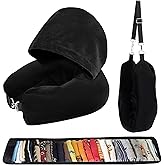 Stuffable Travel Neck Pillow with Hood, Soft Velvet Travel Neck Pillow Stuffable with Clothes, Adjustable Neck Size, Multifunctional Fillable Airplane Travel Neck Pillow for Extra Luggage