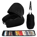 Lulttihy Stuffable Travel Neck Pillow with Hood, Soft Velvet Pillow Stuffable with Clothes, Adjustable Neck Size, Multifunctional Fillable Airplane Travel Neck Pillow for Extra Luggage