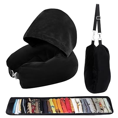 Lulttihy Stuffable Travel Neck Pillow with Hood, Soft Velvet Pillow Stuffable with Clothes, Adjustable Neck Size, Multifunctional Fillable Airplane Travel Neck Pillow for Extra Luggage