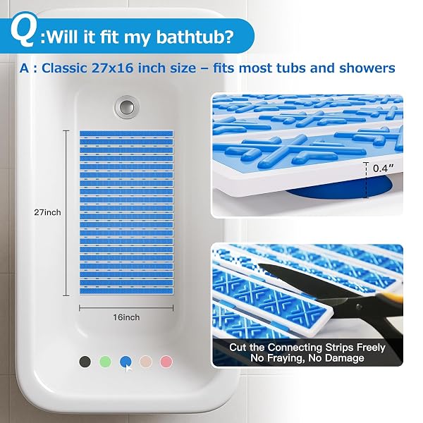 NON SLIP RUBBER BATHTUB & SHOWER MAT – FAST DRAIN & UPRIGHT DRYING DESIGN, STRONG SUCTION CUPS, STRUCTURED TEXTURED SURFACE, LOW-MAINTENANCE BATHROOM SAFETY MAT, 27 X 16 INCH, NAVY BLUE, MATACE