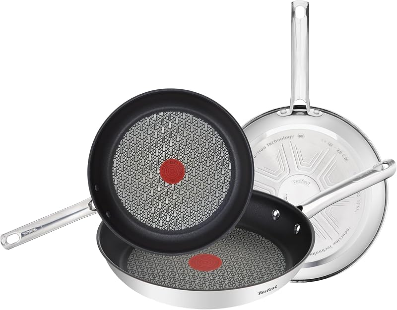 Tefal duetto - frigideiras antiaderentes, fundo grosso, resistente a impactos reforçado, fácil limpeza, todos os tipos de placas, cor ferro, conjunto de 3 frigideiras em aço inox 20/24/28 cm