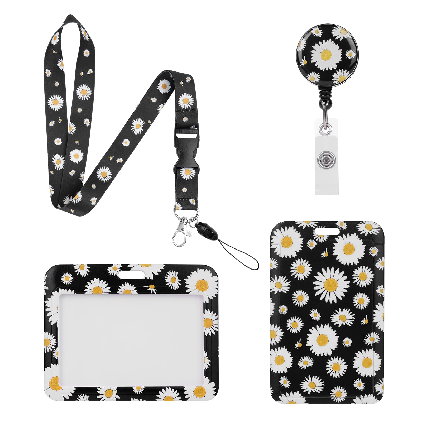 Vicloon 2Pcs ID Badge Holder with Retractable Reel and Detachable Lanyard Strap Hard Card Protector for Women Nurse Teacher Student (Daisy) — image 1