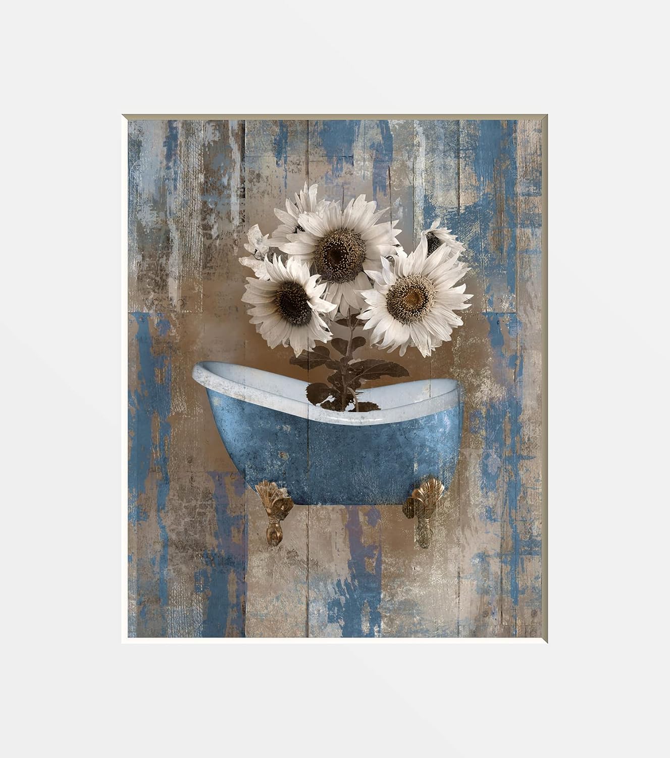 Photographs - Brown Blue Bathroom Home Decor Wall Art Rustic Sunflowers in Tub Matted Wall Decor Picture (5x7 photo with 8x10 mat, Brown Blue Sunflowers in Tub)