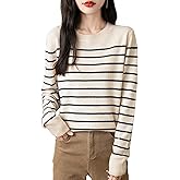 Chanyarn Women's 100% Merino Wool Sweater 2025 Fall Winter Crew Neck Striped Long Sleeve Warm Soft Knit Sweater