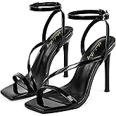 Elisabet Tang Women’s Crystal Stilettos Heeled Sandals, 4 Inch Square Open Toe Strappy Sexy High Heels Ankle Strap Buckle Heels for Party Wedding Dress Daily Wear Shoes