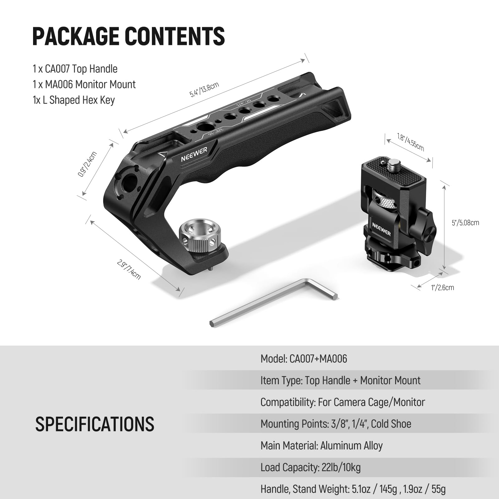 NEEWER CA007 Top Handle + MA006 Monitor Mount Set, Camera Cage Handle with 3/8