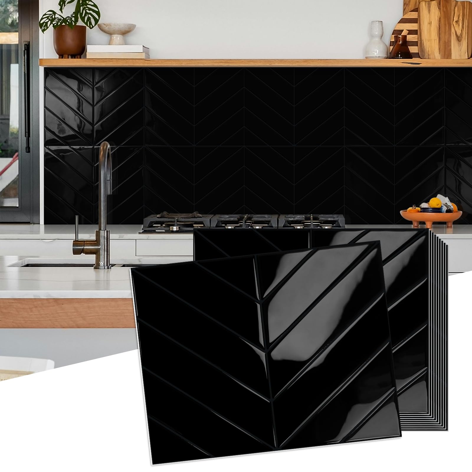 Photo 1 of 10-Sheet Herringbone Peel and Stick Backsplash Tiles for Kitchen, 3D Marble Look Self Adhesive Stick on Back Splashes Wall Tiles for Bathroom 11.5"x9" Black