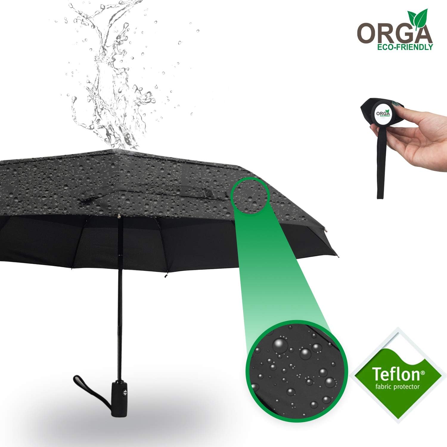 ORGA ECO-FRIENDLY Umbrella Windproof Double Vented Travel Umbrella with Teflon Coating (Black), S - Image 5