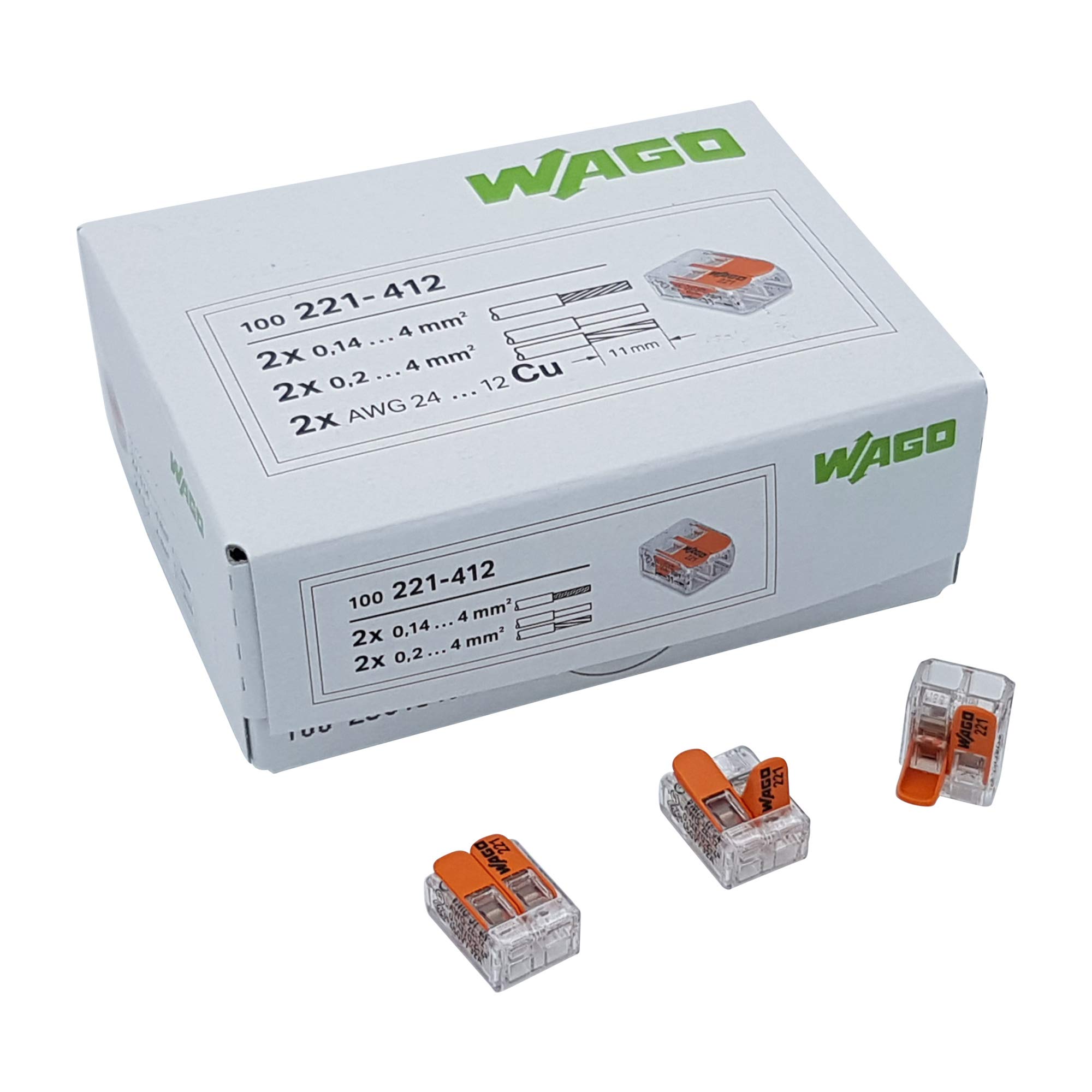 Wago 221-412 Connection Terminal 2 Conductors with Actuating Lever 0.2-4 mm² Small Design Transparent Pack of 200