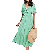 GOLDSTITCH Summer Dress for Women 2025 Casual Short Sleeve Bow Tie V Neck Smocked High Waist A-Line Flowy Midi Dress