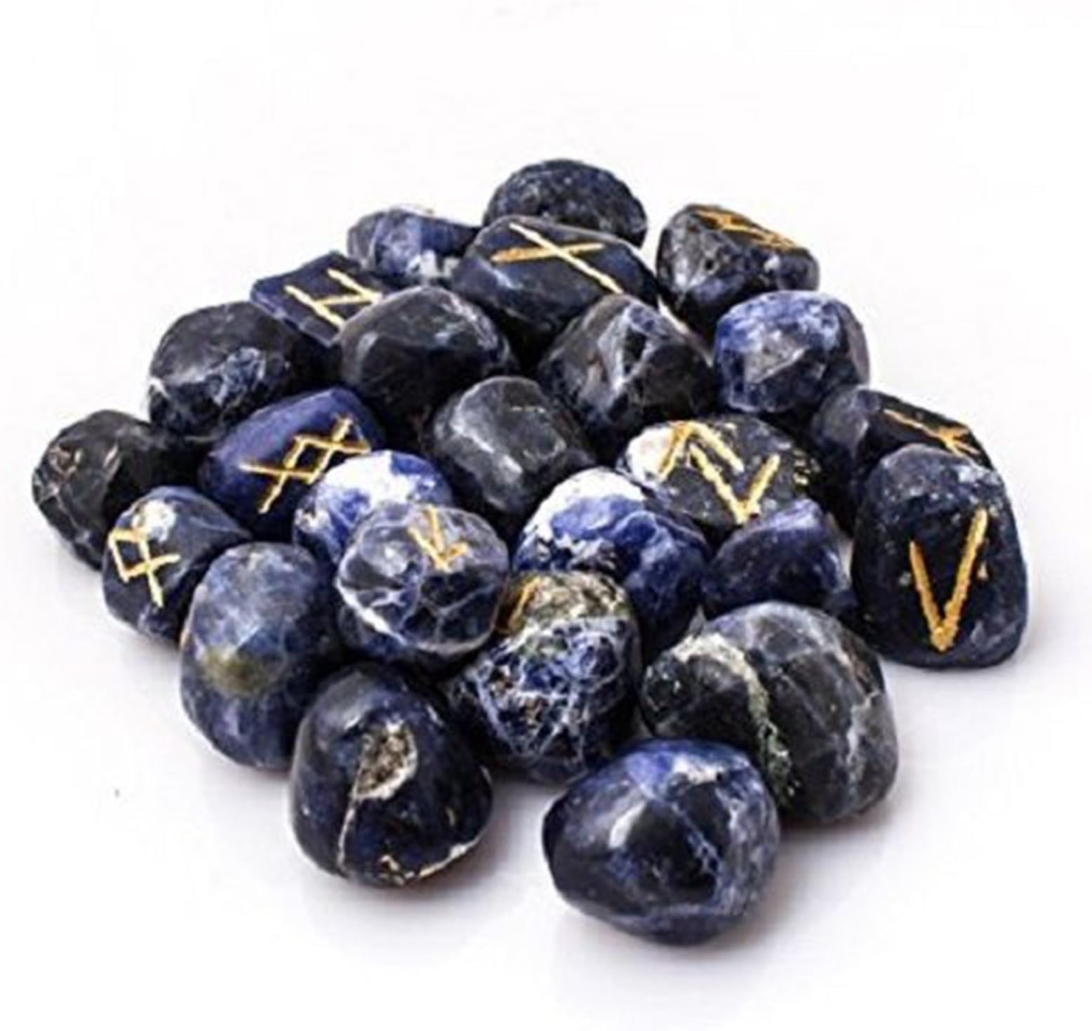 Reikihaat - set of 25 natural sodalite blue rune stones - precious stones - reiki healing crystals set - ancient futhark lettering