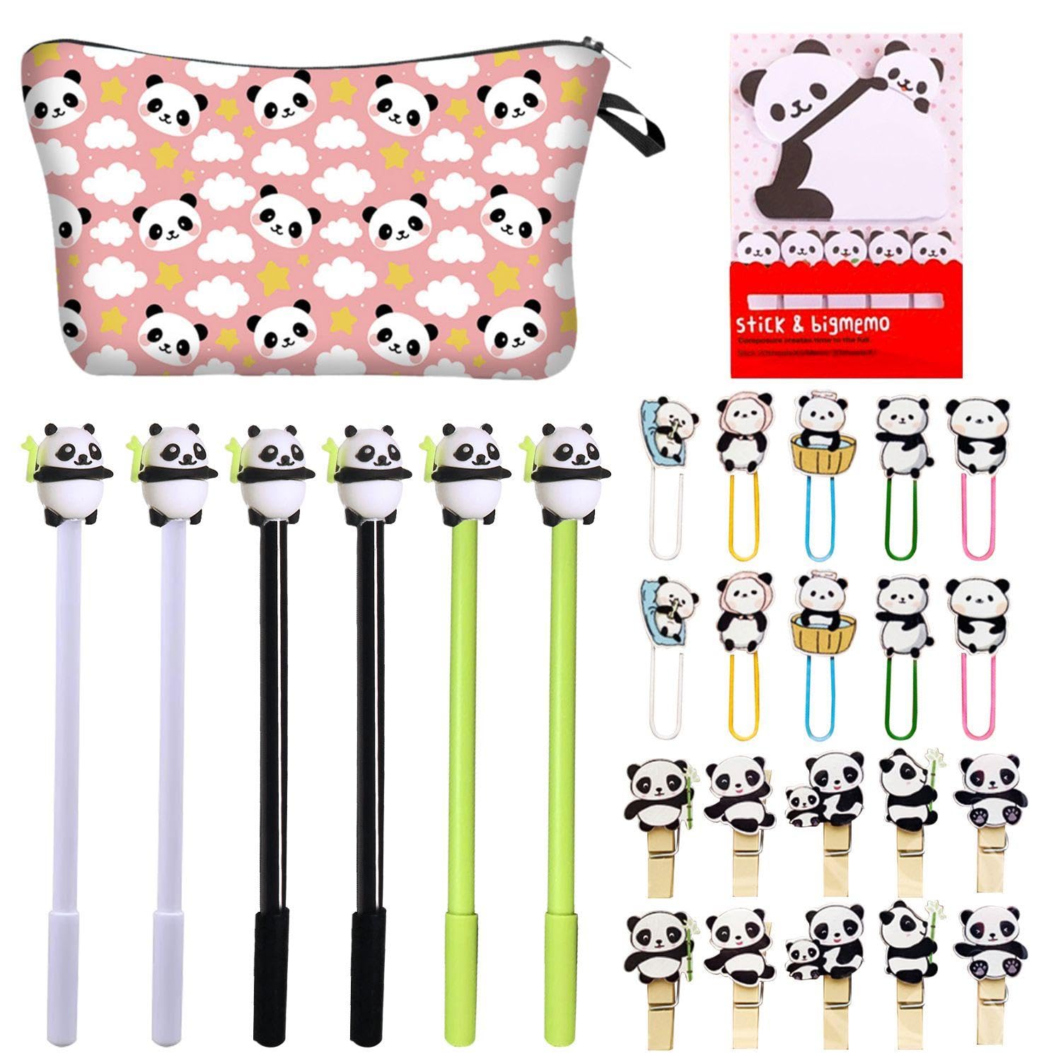 1 Piece of Panda Pencil Case, 1 Piece of Note Pad, 6 Pieces of Gel Pens, 10 Pieces of Wooden Clips, 10 Pieces of Paper Clips, Panda Themed Stationery, Study and Office Supplies