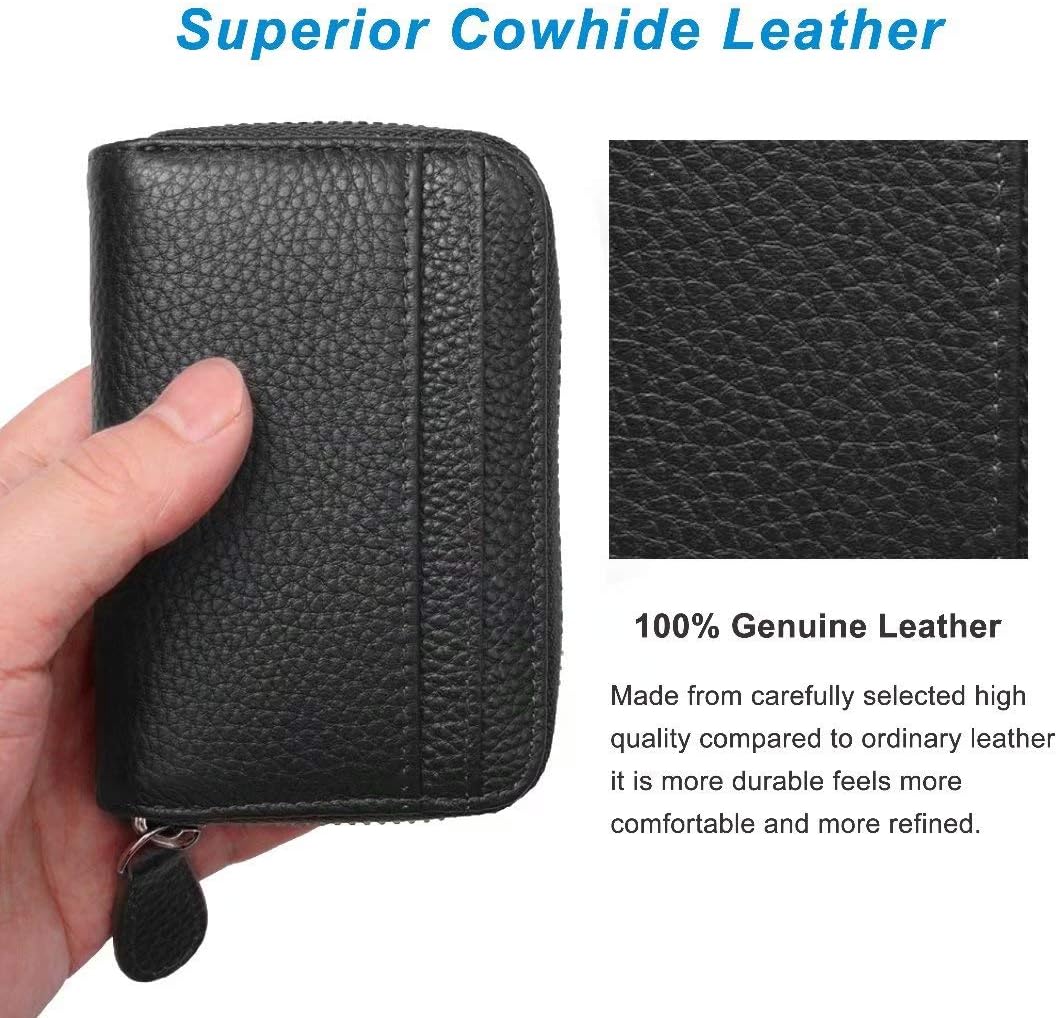 Credit Card Holder Small RFID Blocking Ladies Wallet with Stainless Steel Zipper Excellent Genuine Leather Accordion Wallets Case for Mens and Womens id Compact Slim Blocked Zip Accordian Cards Black - Image 5