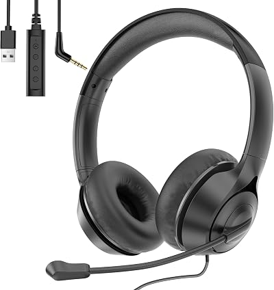 Rebocico USB Headset with Microphone Noise Cancelling & Audio Controls 2-In-1