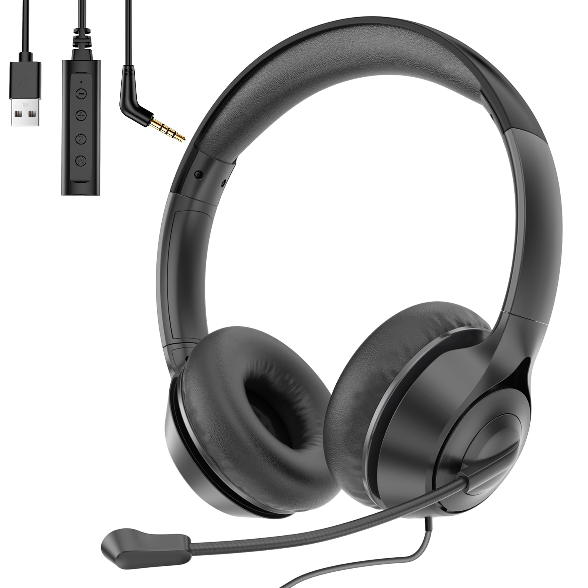 Rebocico USB Headset with Microphone Noise Cancelling & Audio Controls, 3.5mm/USB Jack 2-In-1 Computer Office Teams Headsets, PC Headphone for laptop Skype Call Center, Business Chat, Teaching