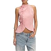 Milumia Women's Striped Tie Front Halter Top Sleeveless Open Back Wrap Asymmetrical Hem Tank Tops