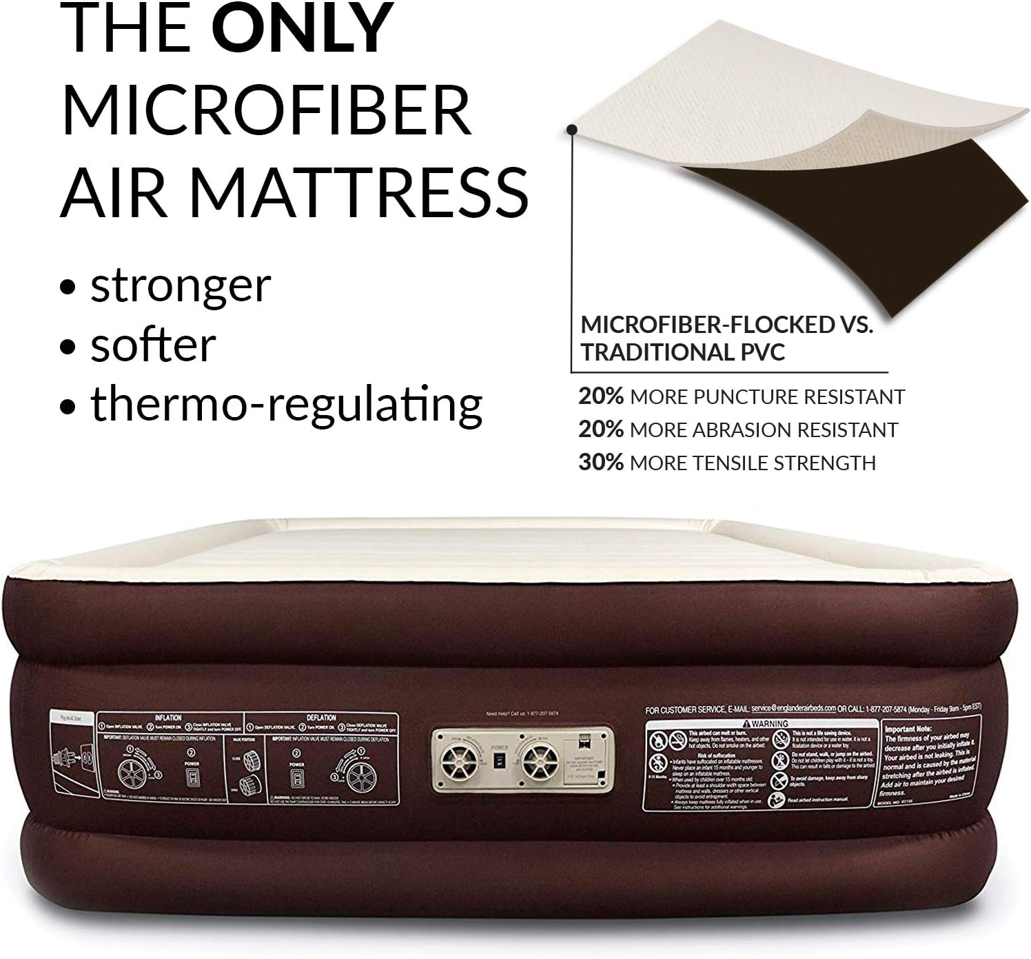 Englander First Ever Microfiber Queen Air Mattress, Luxury Microfiber airbed with Built in Pump, Highest End Blow Up Bed, Inflatable Air Mattresses for Guests Home Travel 5-Year Warranty (Brown): Kitchen & Dining