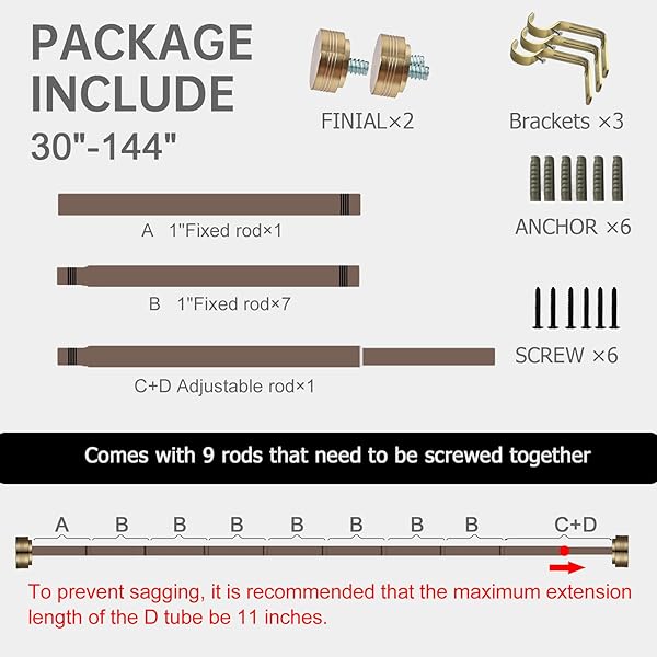 GOLD CURTAIN RODS FOR WINDOWS 18-144 INCH,ADJUSTABLE LENGTH 1 INCH DIAMETER HEAVY DUTY CURTAIN ROD FOR BEDROOM/KITCHEN/DORM/APARTMENT/DOOR