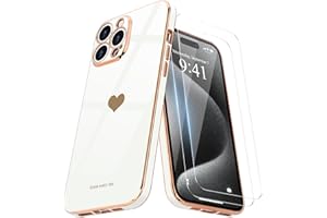 Teageo for iPhone 15 Pro Case with Screen Protector [2 Pack] Girl Women Cute Girly Love-Heart Luxury Gold Soft Cover Camera Protection Bumper Silicone Shockproof Phone Case for iPhone 15 Pro, White