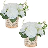 NUPTIO Small Fake Flower in Vase: 2 Pcs Silk Artificial Flowers with Champagne Pink Glass Vase for Living Room Bathroom Office - Faux Rose Mums Floral Arrangement Wedding Dining Table Centerpiece