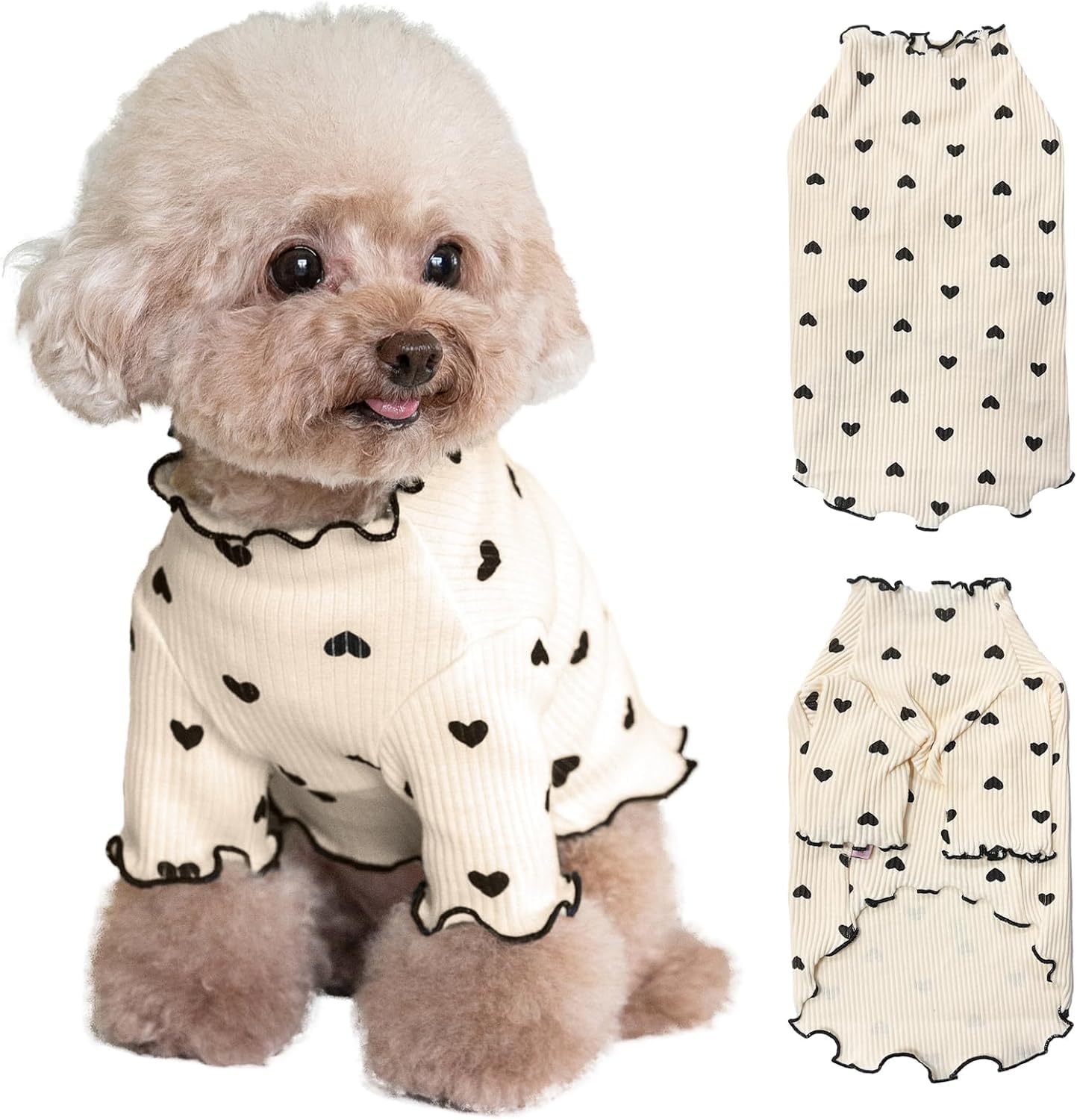 Yaopelky Pet Clothes for Small Dogs Cat Summer Fall Heart Print Shirt Stretchable Ruffle Long Sleeve Outfits for Chihuahua Schnauzer Shih Tzu Yorkie (Coffee, XL)