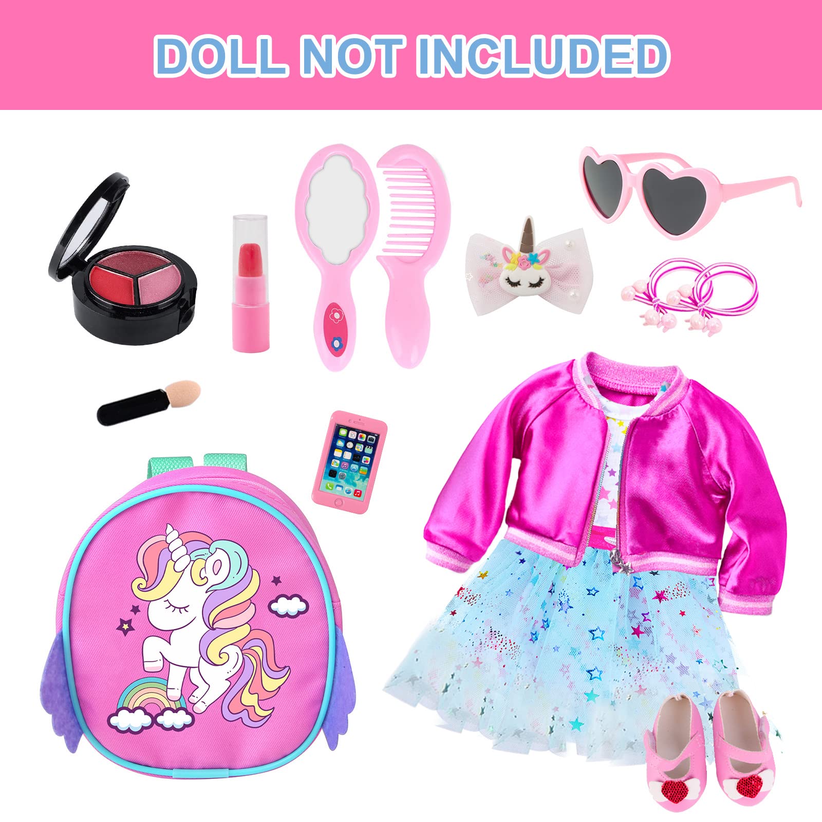 American 18 Inch Doll Clothes and Makeup Accessories Set Includes Clothes Backpack Sunglasses Phone Shoes Comb Mirror Eye Shadow Lipstick Hair Clip Hair Tie(Doll NOT Included)