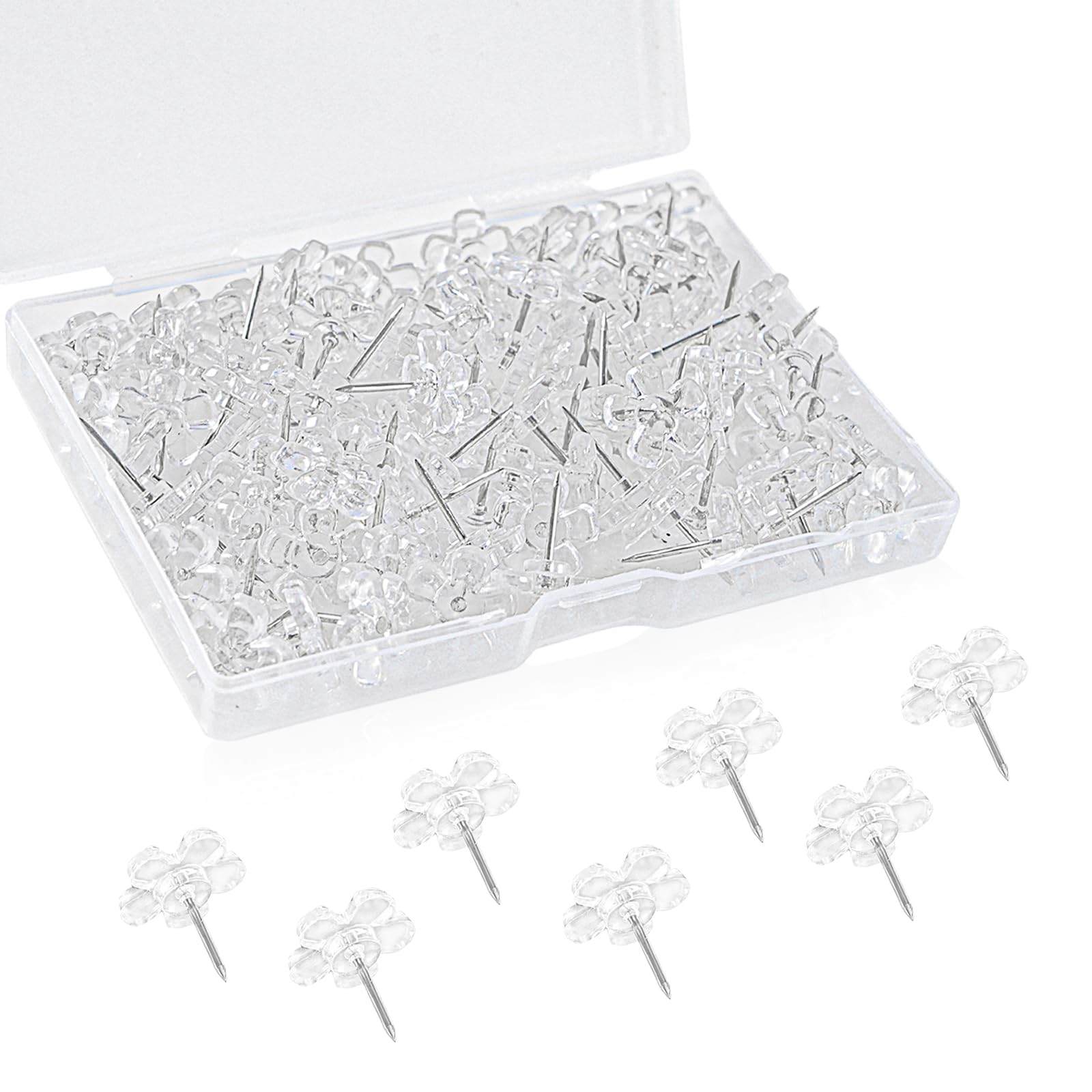 100PCS Clear Push Pins,Drawing Pins with Storage Box,Flower Shape Thumb Tacks for Cork, Notice and Bulletin Boards,Maps Posters Photos