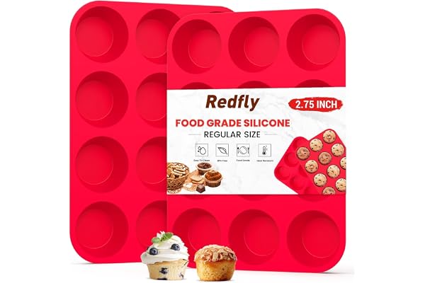 Redfly 2 Pack Silicone Muffin Pan & Cupcake Pans for Baking - 12 Cup Regular Size BPA Free Egg Bites Molds