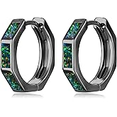 CiNily Opal Hoop Earrings for Women, Hexagon Huggie Earrings 14K White/Black/Gold Plated Hypoallergenic | Mini Hoop Earrings | Small Hoops for Sensitive Ear Christmas Halloween Jewelry Gifts