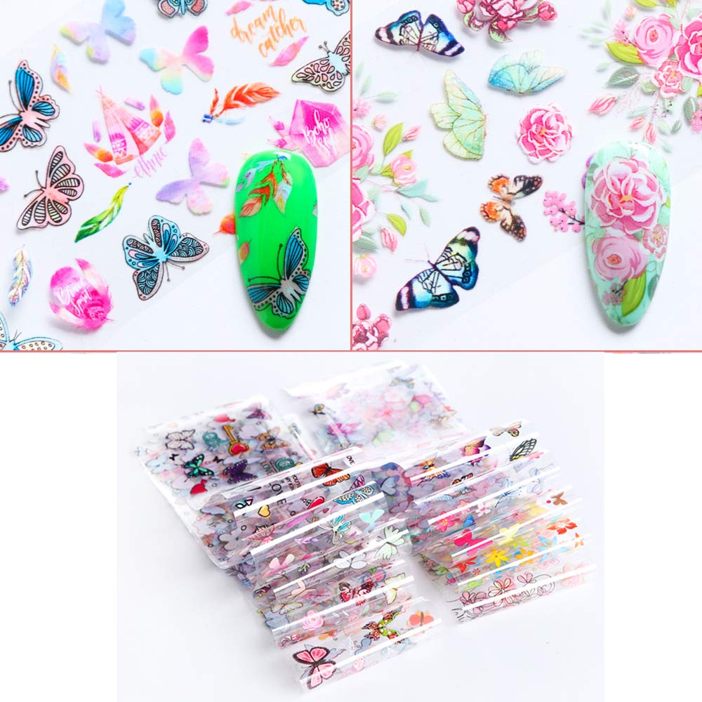 Kalolary 10 Sheets Butterfly Nail Art Foil Transfer Stickers Decals Flower Nail Foil Adhesive Stickers Starry Sky Manicure Transfer Tips Nail Art DIY Decoration Accessories Kit for Women: Beauty