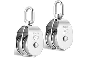 weyleity 2 PCS M50 Double Pulley Block Set | 304 Stainless Steel Heavy Duty Swivel Hook, Double Wheel Lifting Pulley for Rope