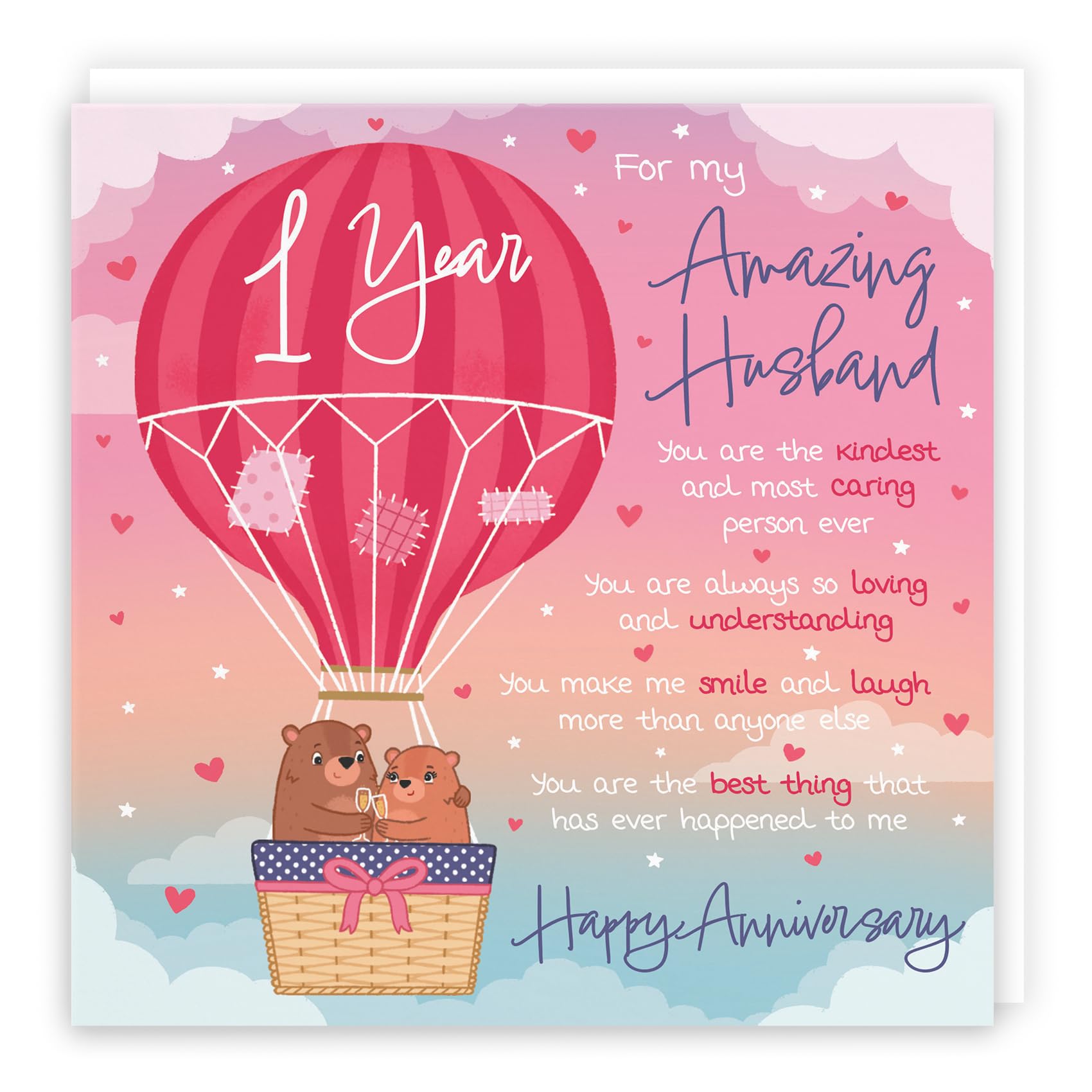 Hunts England - Husband 1st Anniversary Poem Card - Love Is In The Air - Beautiful Love Verse - Cute Bears - Luxury 1st Anniversary Card For Husband - Romantic 1 Year Husband Anniversary Card