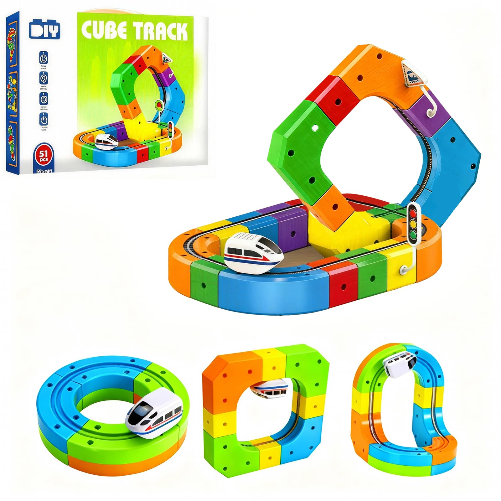 Clickrail Electric Train Set, Magic Rail Cube Train Set, Track Fusion, 3D Embedded Layouts Train Track Set with Gravity-Defying Motorized Train, Gifts for Kids Boys Girls(51PCS)