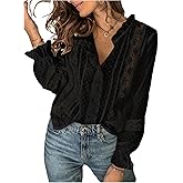 GORGLITTER Women's Boho Peasant Tops Floral Lace Long Sleeve Tops Ruffled Blouses Sheer Button Up Shirt Dressy Casual
