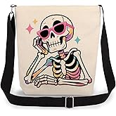 LiuenMgg Sunglasses Skeleton Print Canvas Crossbody Bag, Adjustable Strap Lightweight Purse with Top Zipper & Inner Pocket, Daily Shoulder Bag Halloween Present for Women