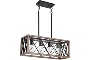 KEESFU 4-Light Dining Room Light Fixture, Farmhouse Kitchen Island Lighting,Adjustable Height Pendant Light, Rustic Linear Chandelier for Kitchen, Dining Room Table, Pool Table. (Wood Grain Color)