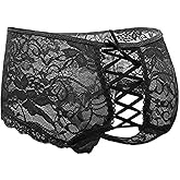 ohyeah Women Lace Boyshorts Panties Black Plus Size Cheeky Underwear,XS-4XL | Lace Trim Boyshort,Sexy Lace Panties,Back Criss Cross Adjustable Lace Up, Stretch Waist,For Honeymoon,Romantic Date Night