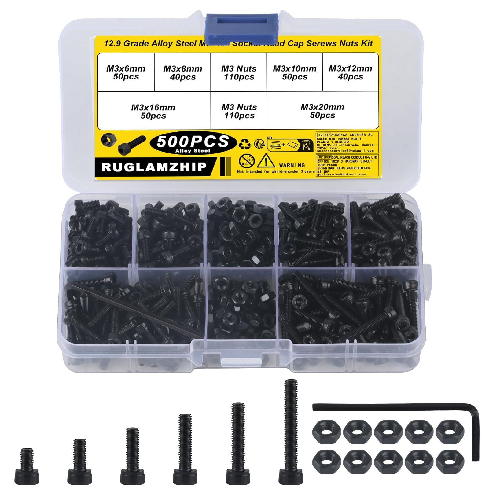 500 Pcs M3 Bolts and Nuts Set, M3 Nuts and Bolts Set, Hex Bolts Set, Black Machine Screws Bolts Nuts Fastener Assortment Kit — image 1