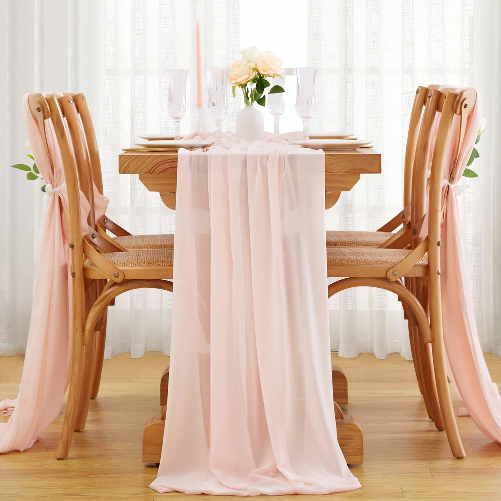 Chiffon Table Runner Light Peach 27x120 Inches 10 Pieces Sheer Fabric 10ft Table Runners for Outdoor Wedding Party Decor Image