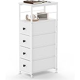 YBING Narrow Dresser for Bedroom, Slim Side Table with Drawer, Dresser Storage Cabinet with 4 Fabric Drawers, Chest of Drawers for Small Space, White