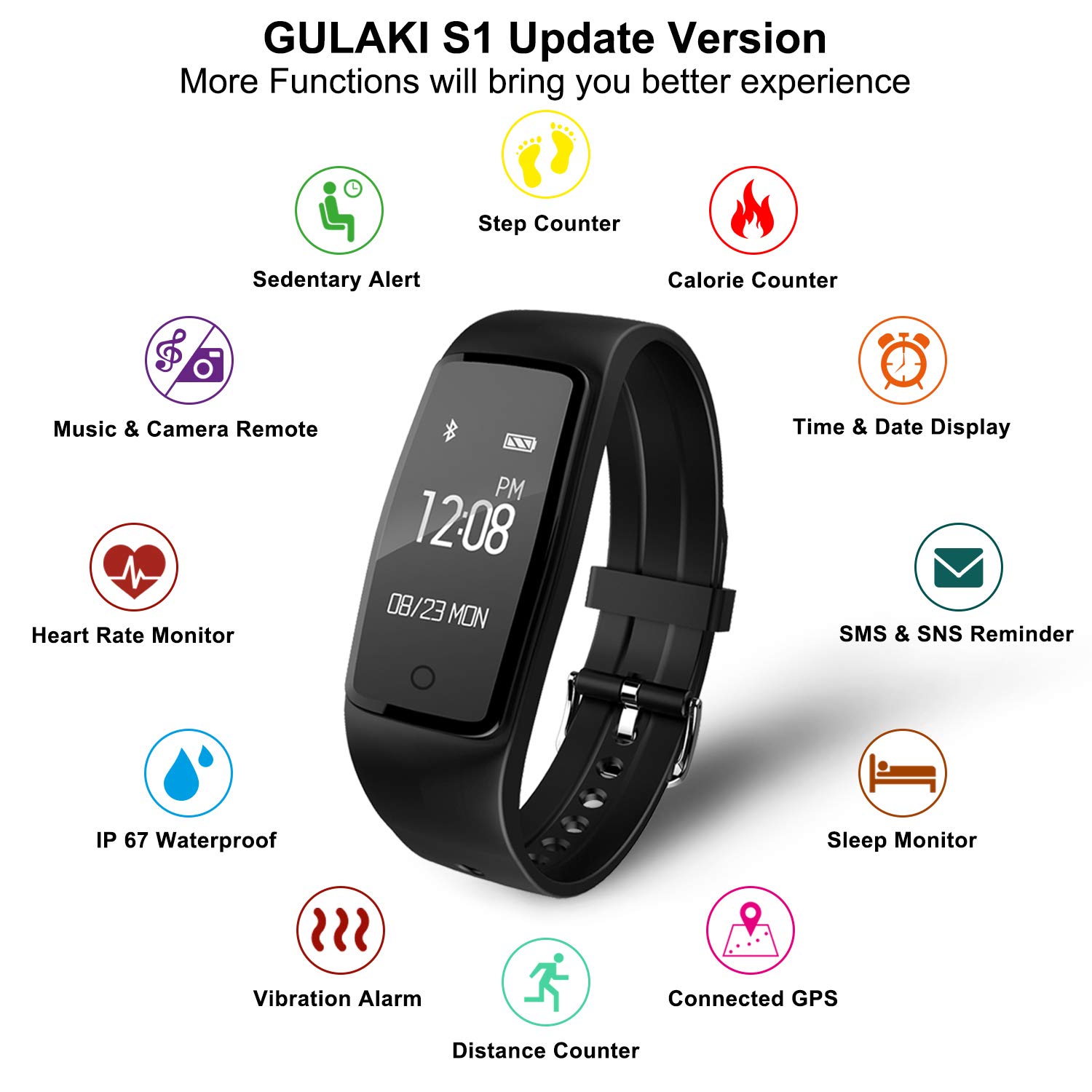 Fitness Tracker Watch, GULAKI Smart Wristbands Waterproof Smart Activity Tracker with Heart Rate Monitor Sleep Monitor Bluetooth GPS Route Tracking Pedometer Step Counter for Workout Exercise for Android and IOS Smart Phones - Black Upgrade